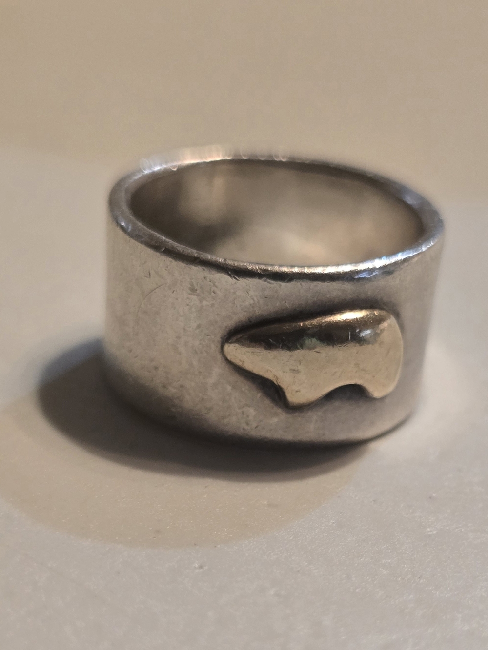 Sterling Silver Cigar Band Ring With 14k Gold Bear, Size 7.5
